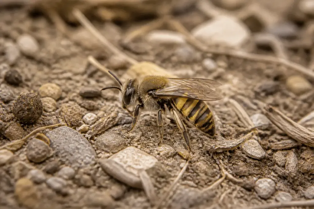 Abeille solitaire au sol avec abdomen rayé jaune