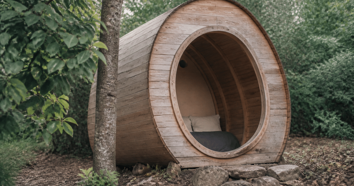 Petite cabane en bois posee sur terrain avec entree circulaire