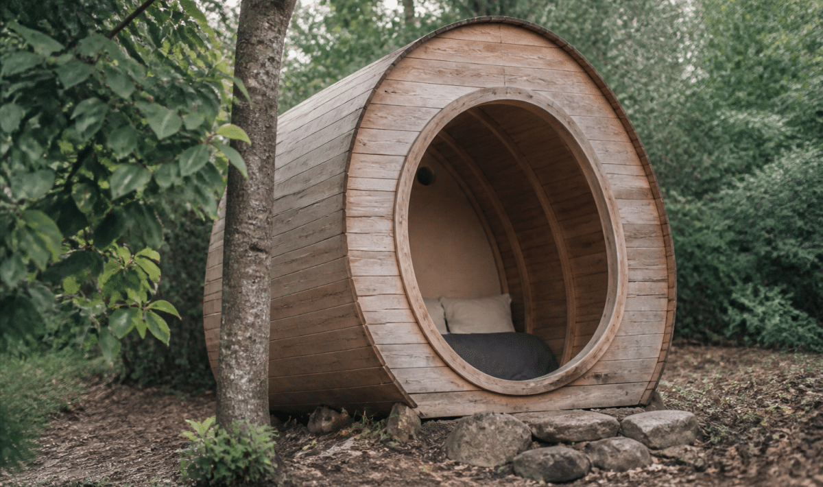 Petite cabane en bois posee sur terrain avec entree circulaire