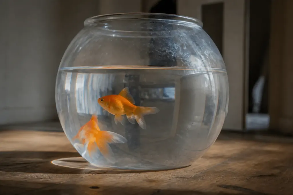 Aquarium transparent rempli d'eau avec poisson rouge nageant