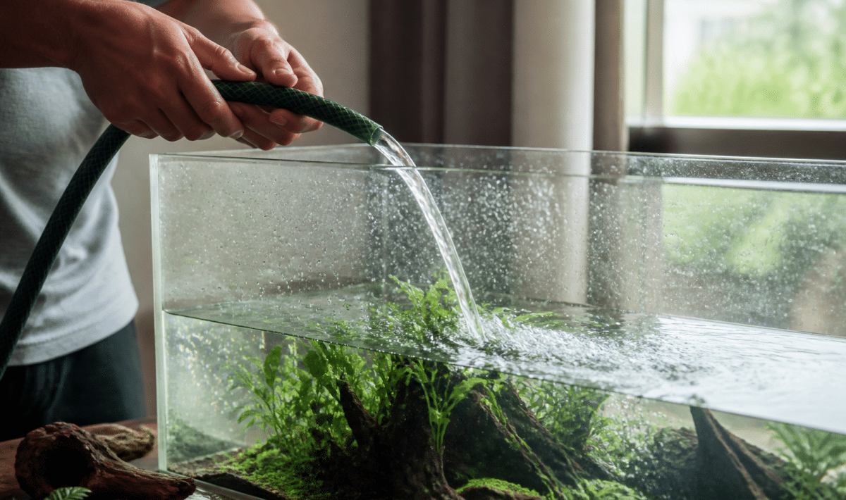 Mains remplissant reservoir transparent avec plantes aquatiques vertes