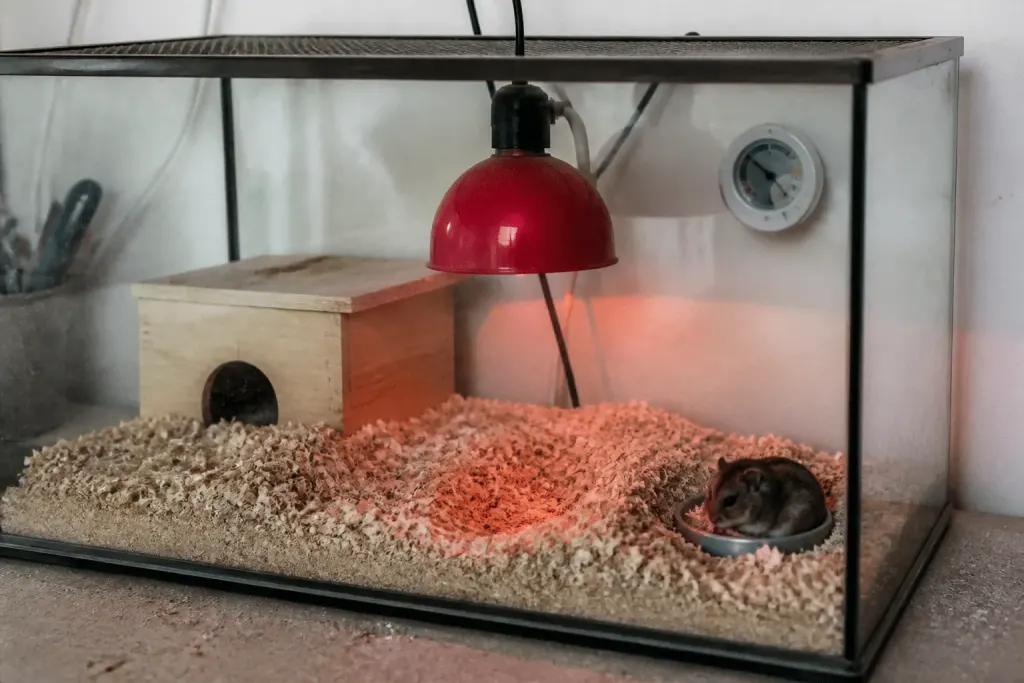 Cage de rongeur près lampe chauffante et thermomètre