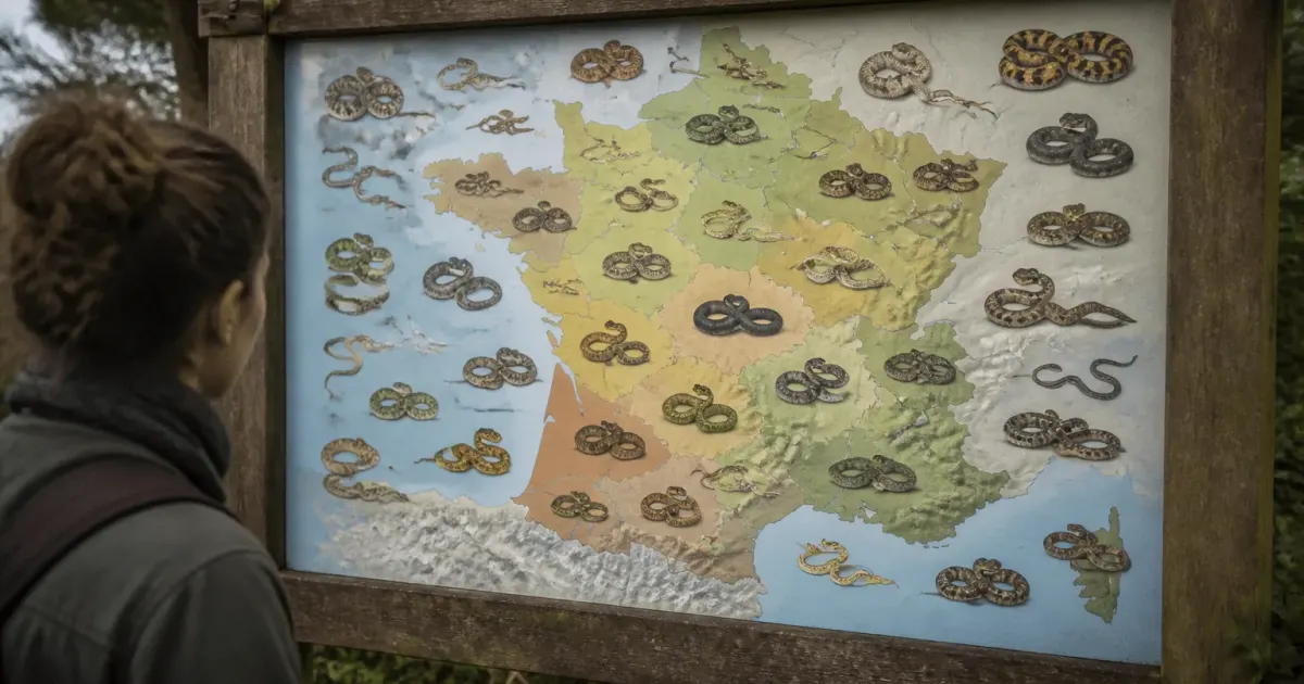 Carte geographique affichant les especes de serpents repartis sur territoire francais