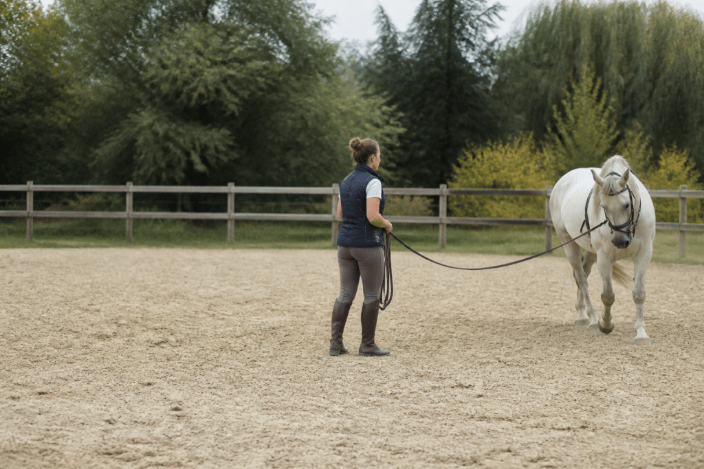 Cavalier au centre cercle longe cheval triangle