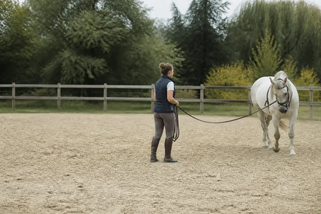 Cavalier au centre cercle longe cheval triangle
