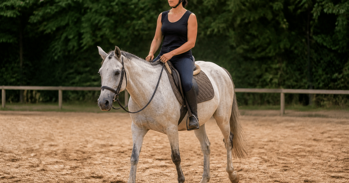 Cavalier a cheval guidant l'animal au pas sur terrain