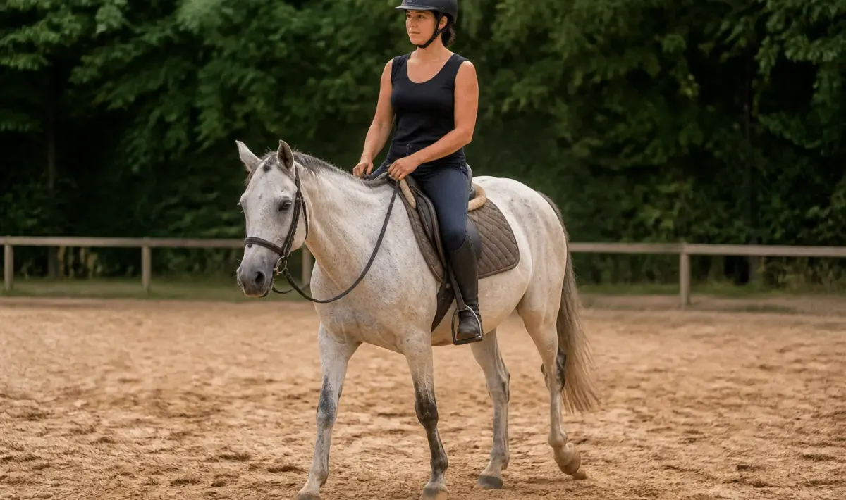 Cavalier a cheval guidant l'animal au pas sur terrain