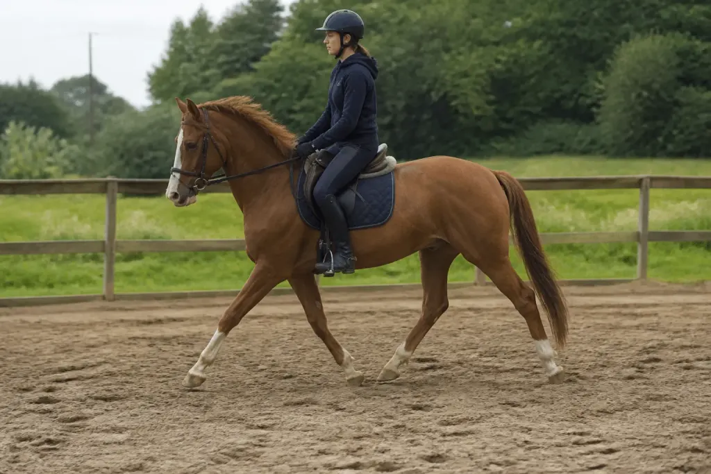 Cavalier et cheval au trot, exercice quotidien régulier