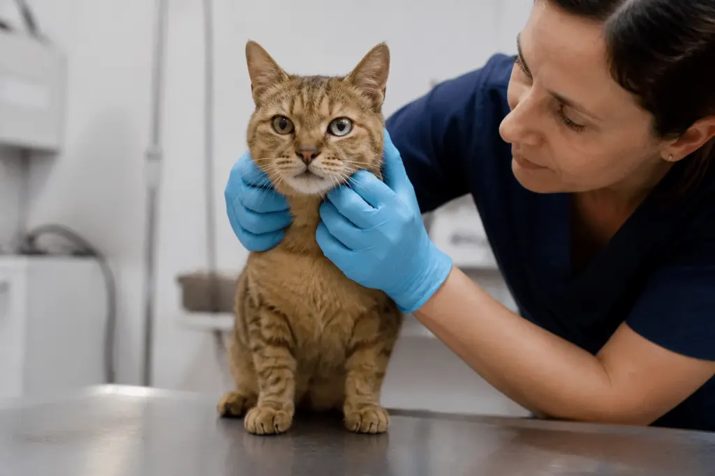 Chat aux traits faciaux distinctifs examiné par vétérinaire