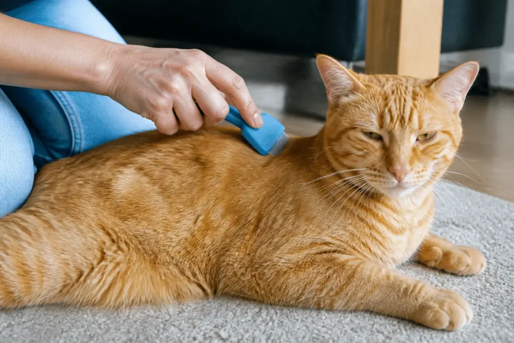 Chat roux brossé avec peigne antiparasitaire bleu