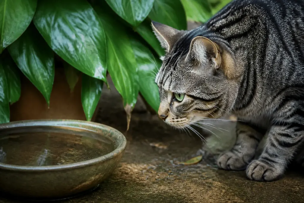 Chat observé attentivement près de feuilles vertes avec eau fraîche