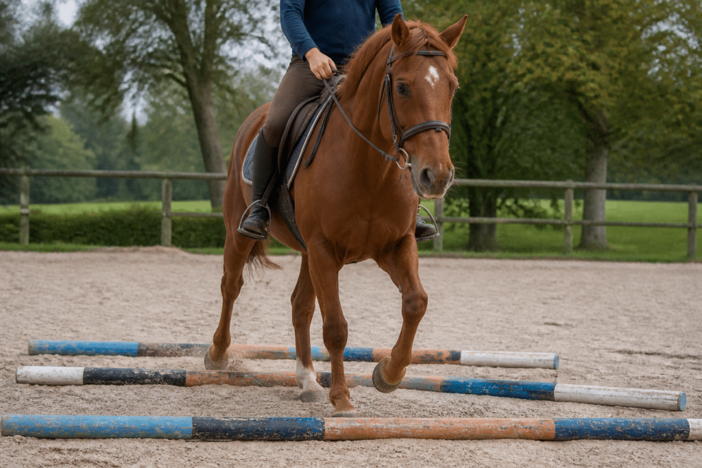 Cheval franchissant barres au sol dans carrière équestre