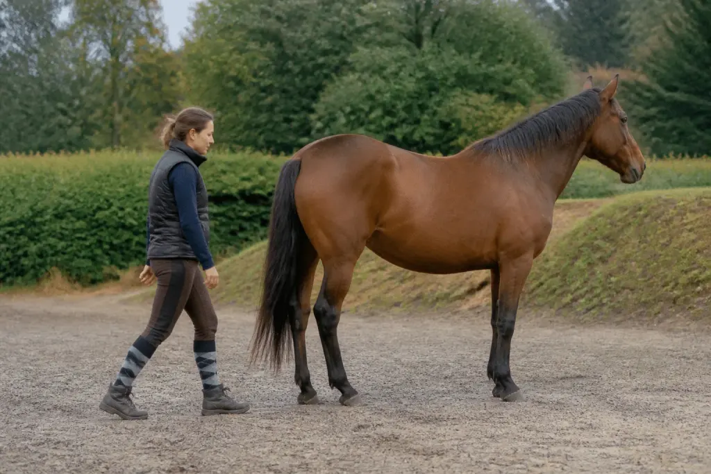 Cavalier marchant autour d'un cheval immobile