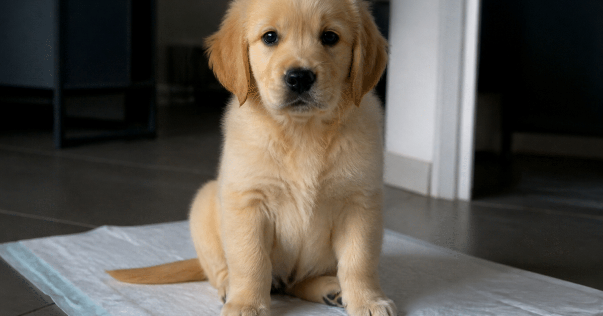 Jeune chiot accroupi sur journal blanc interieur maison