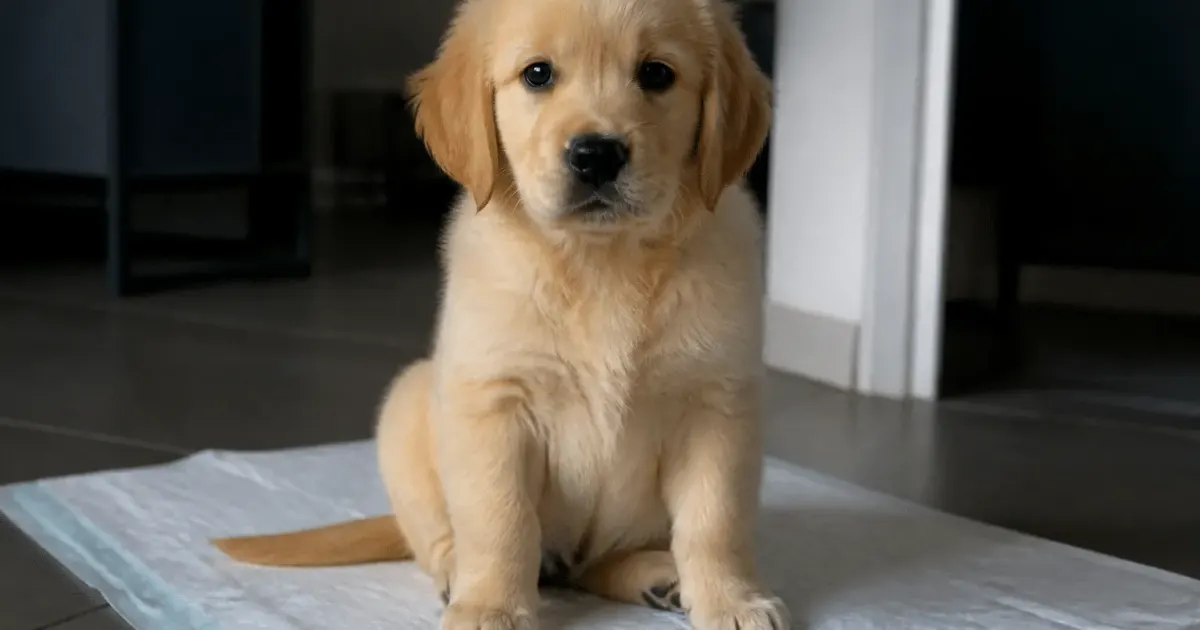 Jeune chiot accroupi sur journal blanc interieur maison