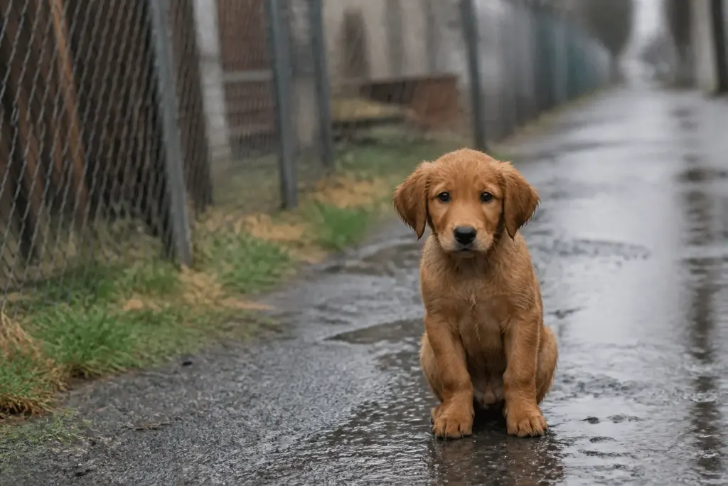 Jeune chiot attendant dehors sous la pluie grise