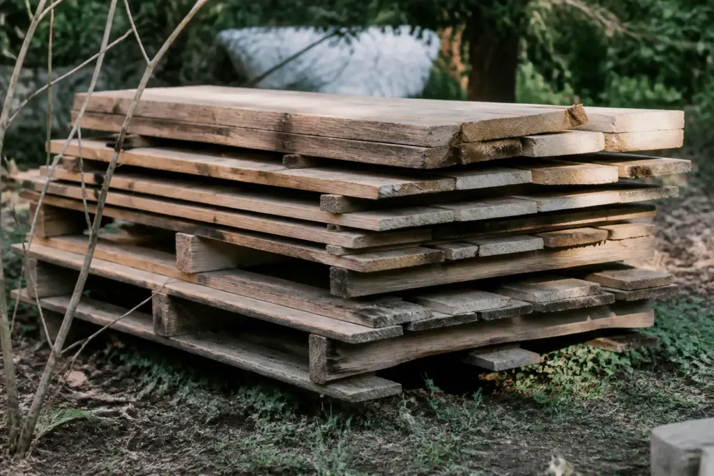 Planches bois palettes empilees construction poulailler maison
