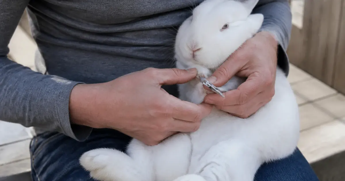 Mains tenant lapin blanc immobilise pour couper griffes