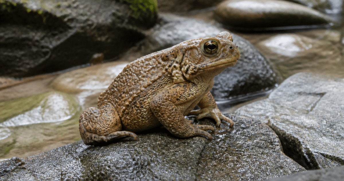 Crapaud assis sur rocher mouille dans environnement naturel