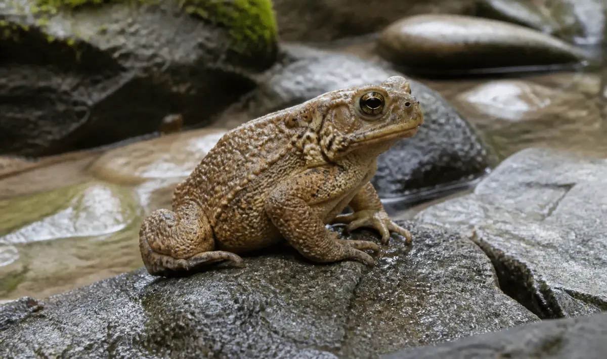 Crapaud assis sur rocher mouille dans environnement naturel