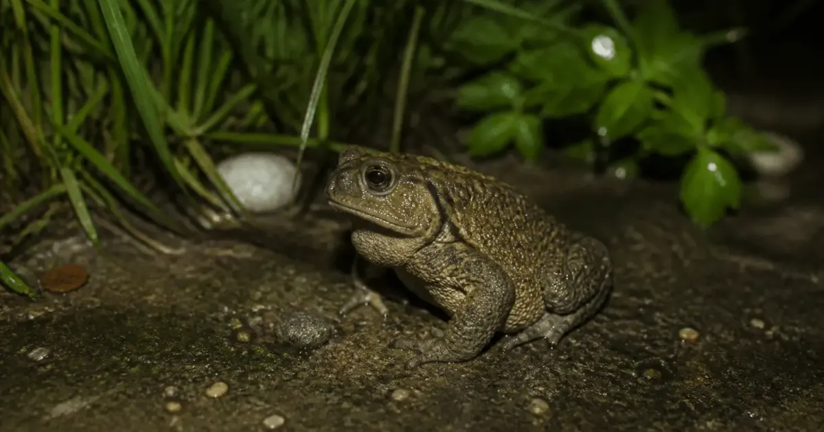 Crapaud assis sur sol humide jardin nuit