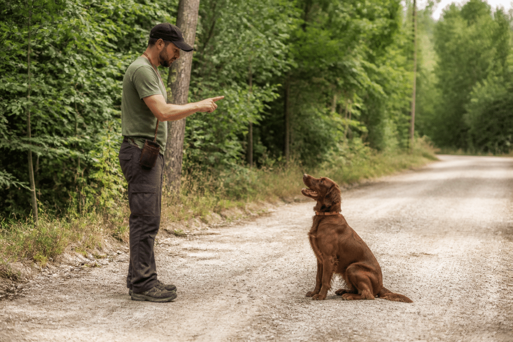 Maitre donnant des ordres au chien assis attentif