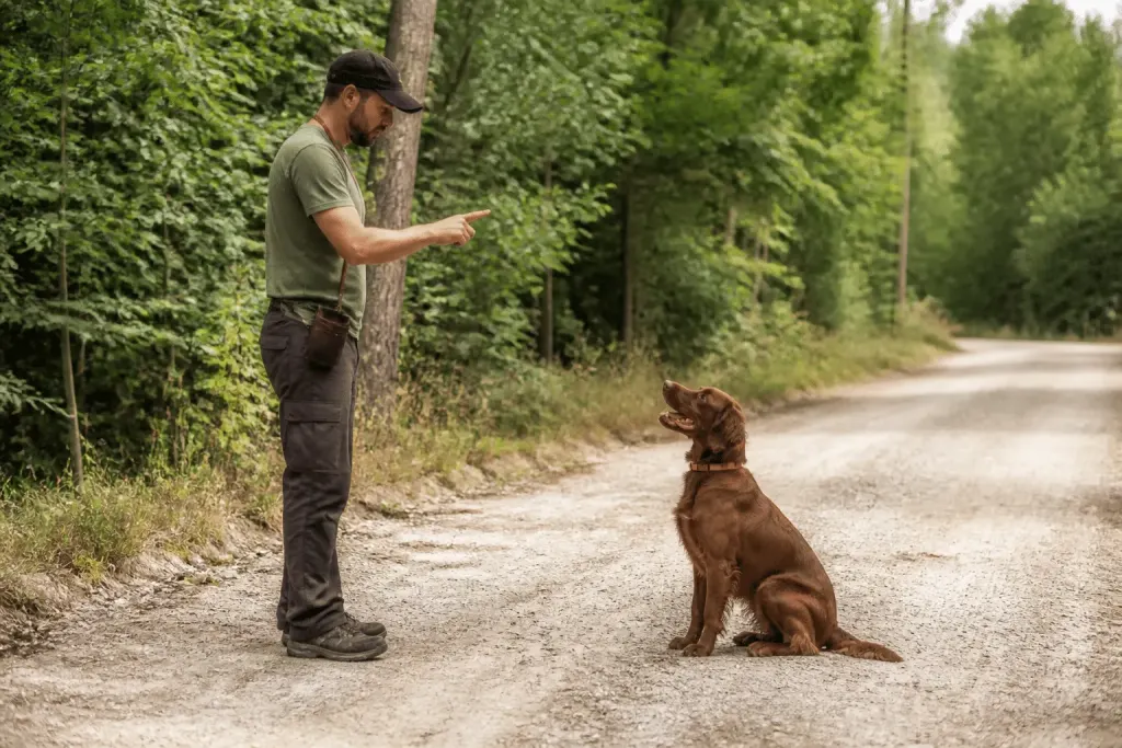 Maitre donnant des ordres au chien assis attentif