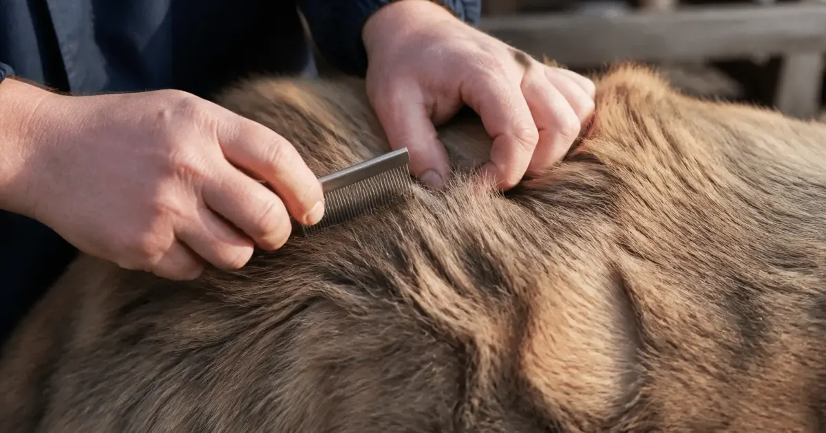 Mains tenant peigne fin au-dessus de pelage animal infeste