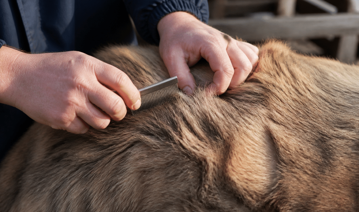 Mains tenant peigne fin au-dessus de pelage animal infeste