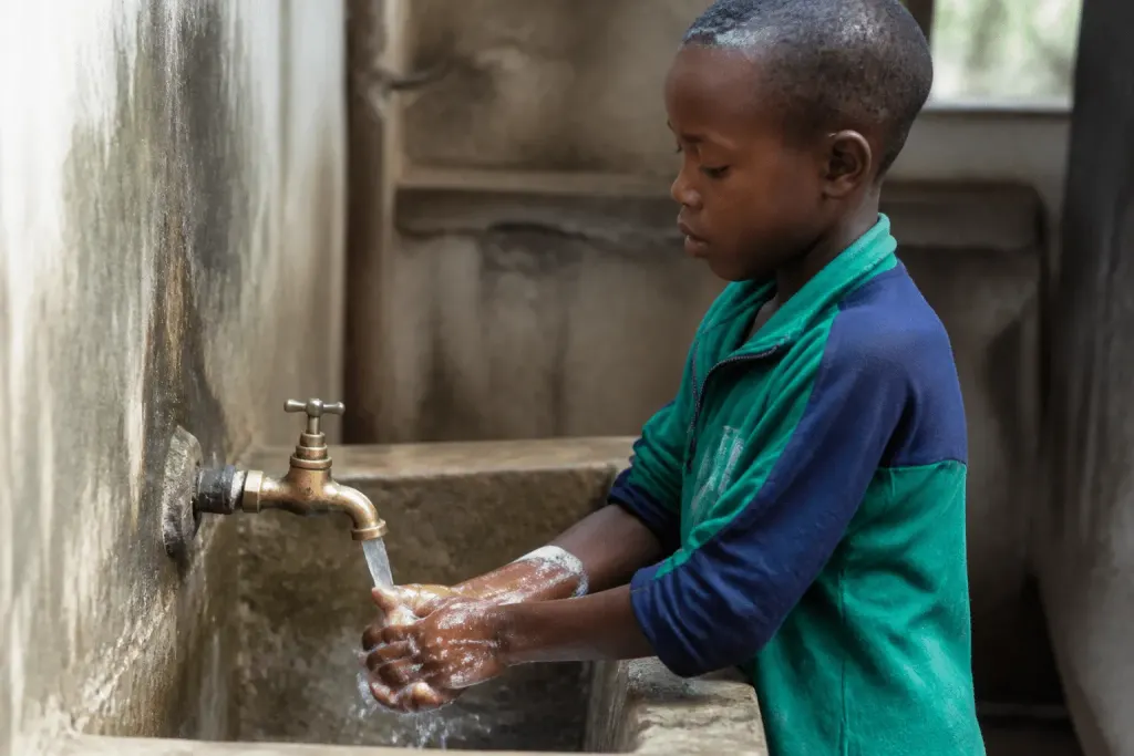 Enfant se lavant les mains sous l'eau courante avec du savon