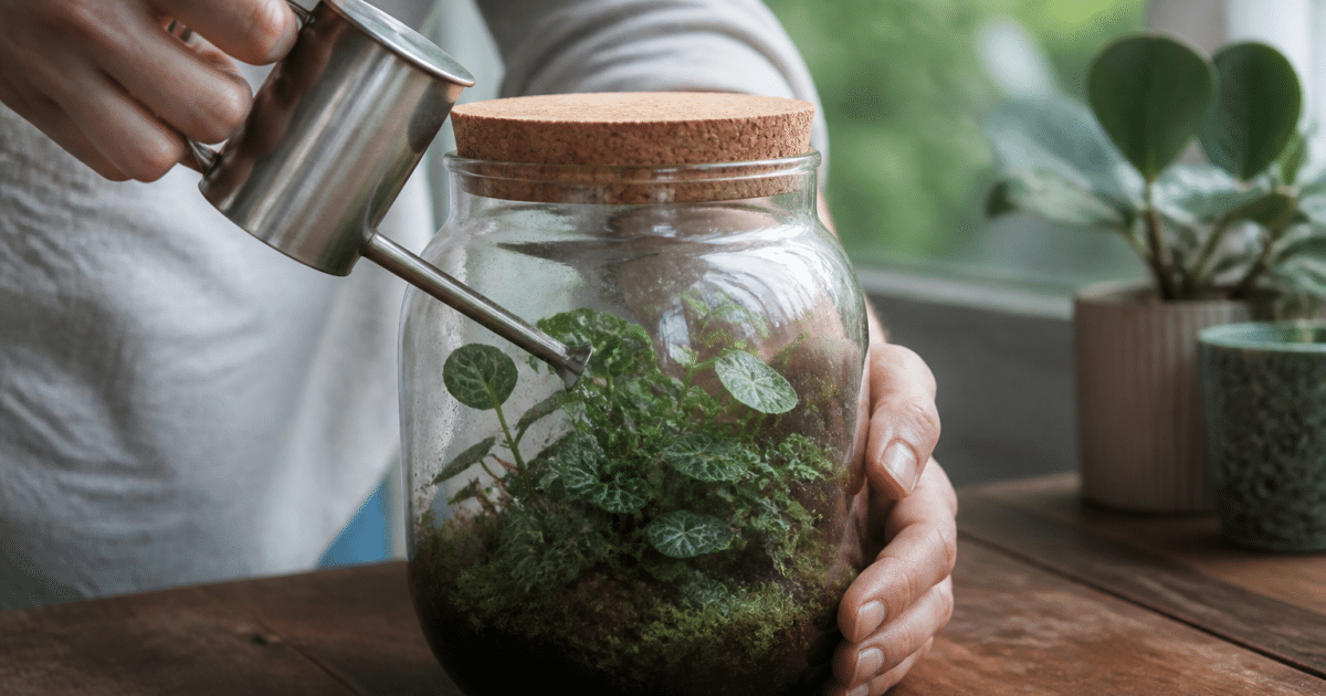 Mains arrosant plante verte dans bocal transparent fermé
