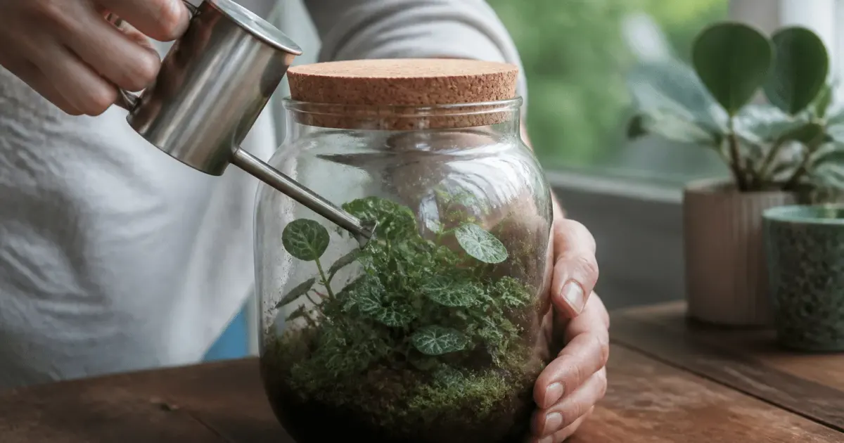 Mains arrosant plante verte dans bocal transparent fermé