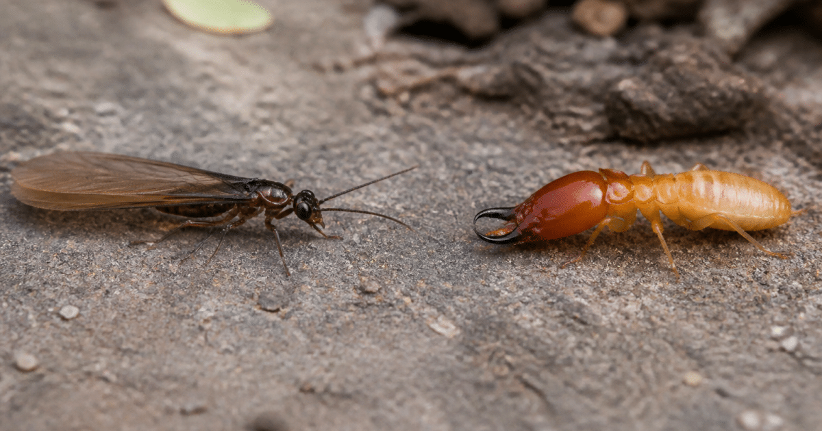 fourmi ailée et termite soldat se faisant face de profil