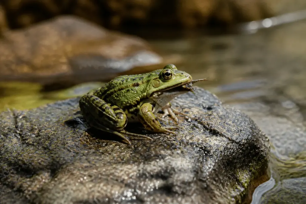 Grenouille verte sur pierre mouillée capturant insecte