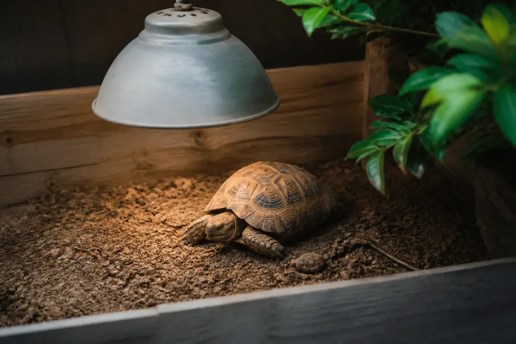 Lampe chauffante au-dessus terrarium tortue terrestre