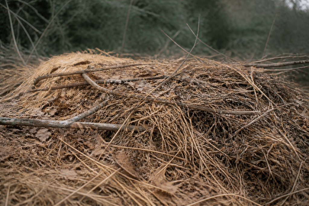 Paille seche feuilles mortes branchages litiere abri
