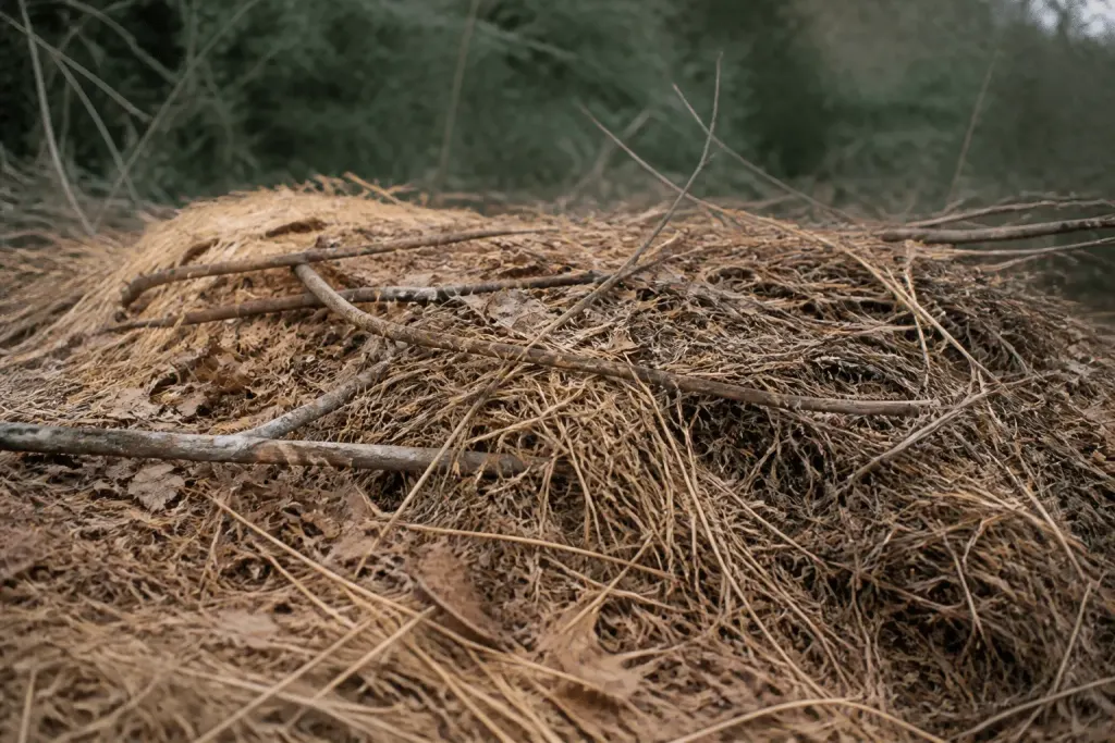 Paille seche feuilles mortes branchages litiere abri