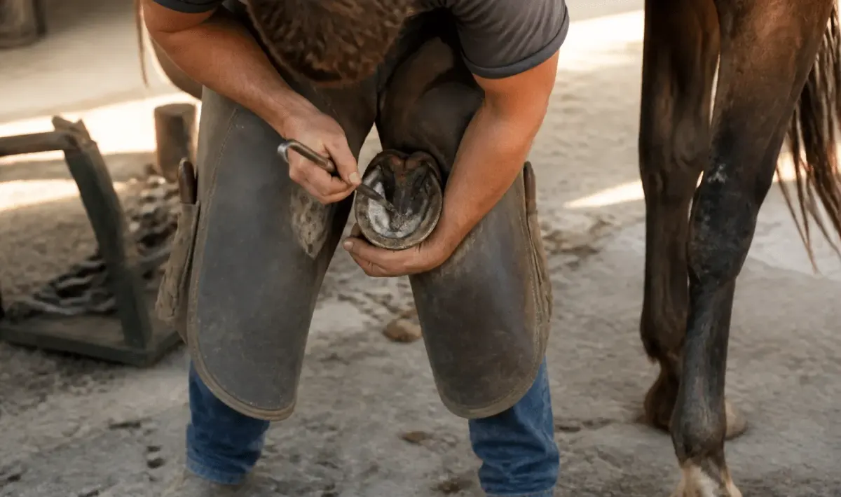 Maréchal-ferrant tenant le sabot d'un cheval entre ses jambes