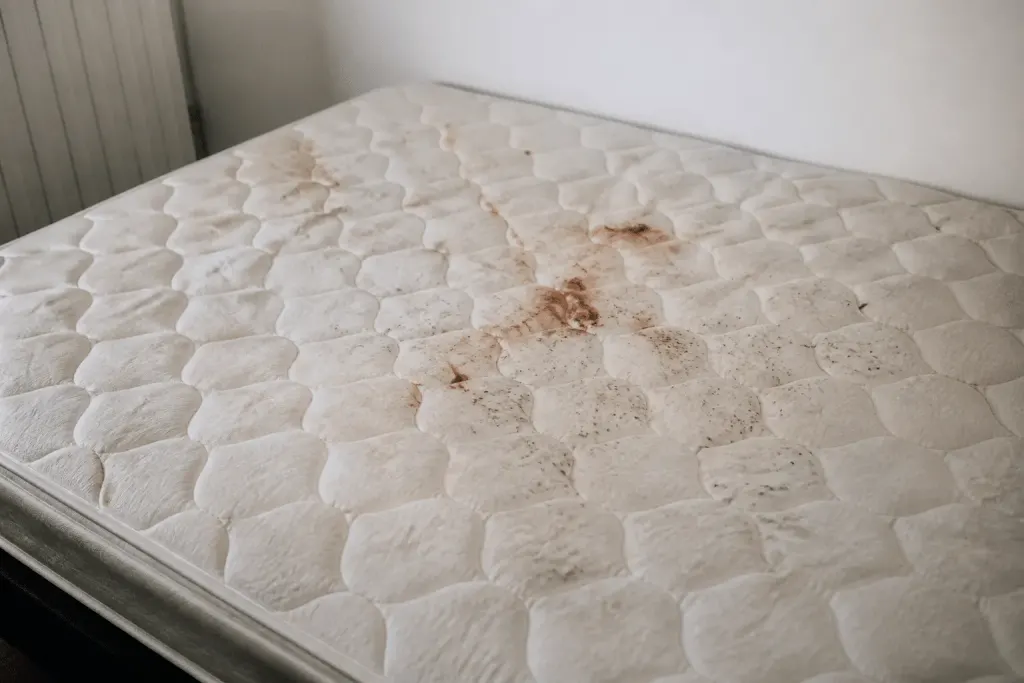 Matelas avec taches noires et traces de sang visibles