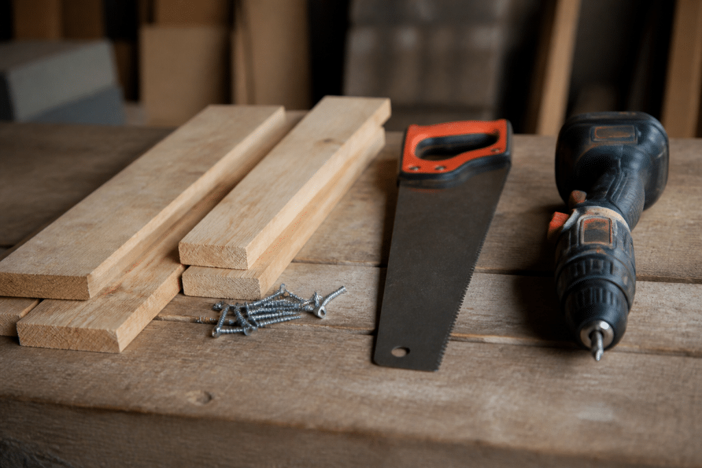 Planches bois, vis, scie et perceuse alignees
