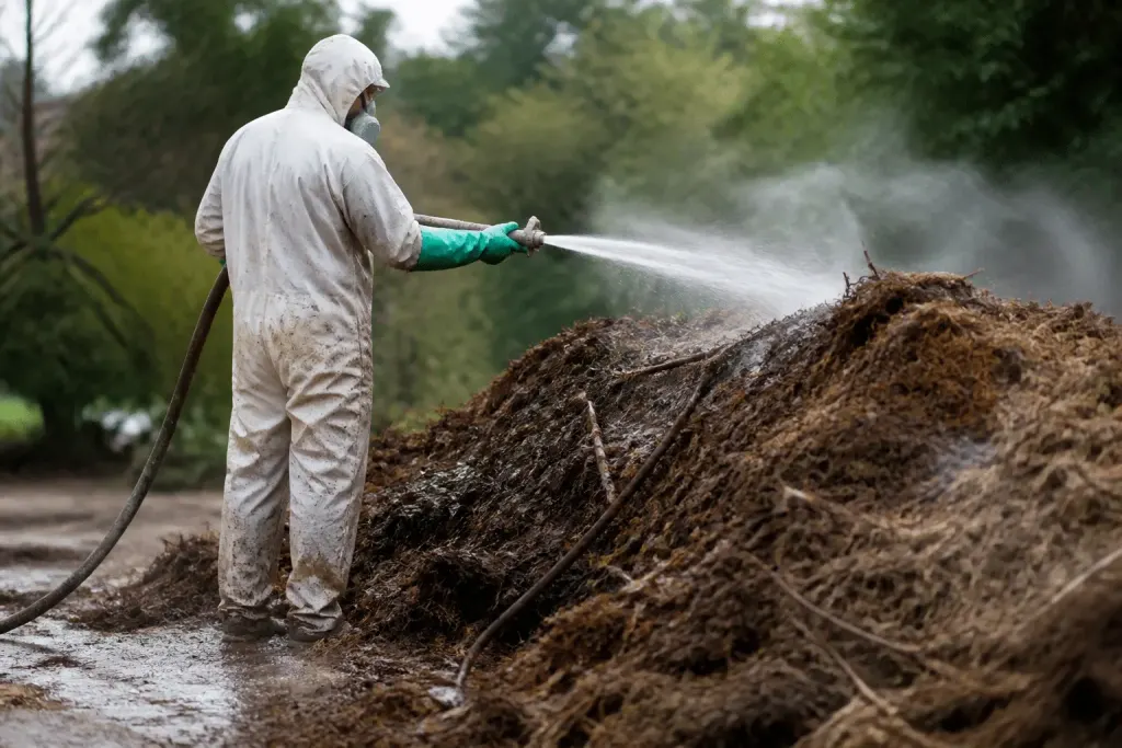 Personne avec équipement de protection humidifiant débris bruns
