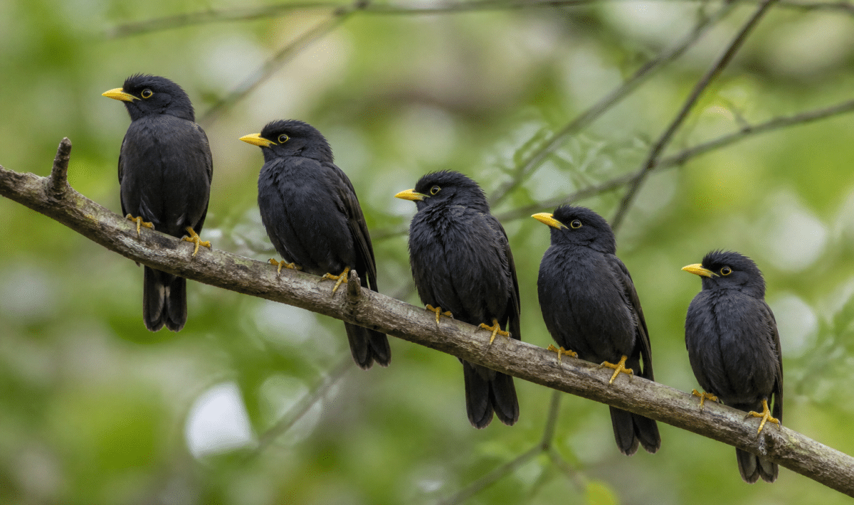 Groupe d'oiseaux au plumage sombre perches sur branche bec colore jaune