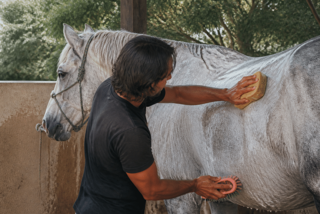 Cavalier nettoyant cheval avec eponge et brosse systematiquement