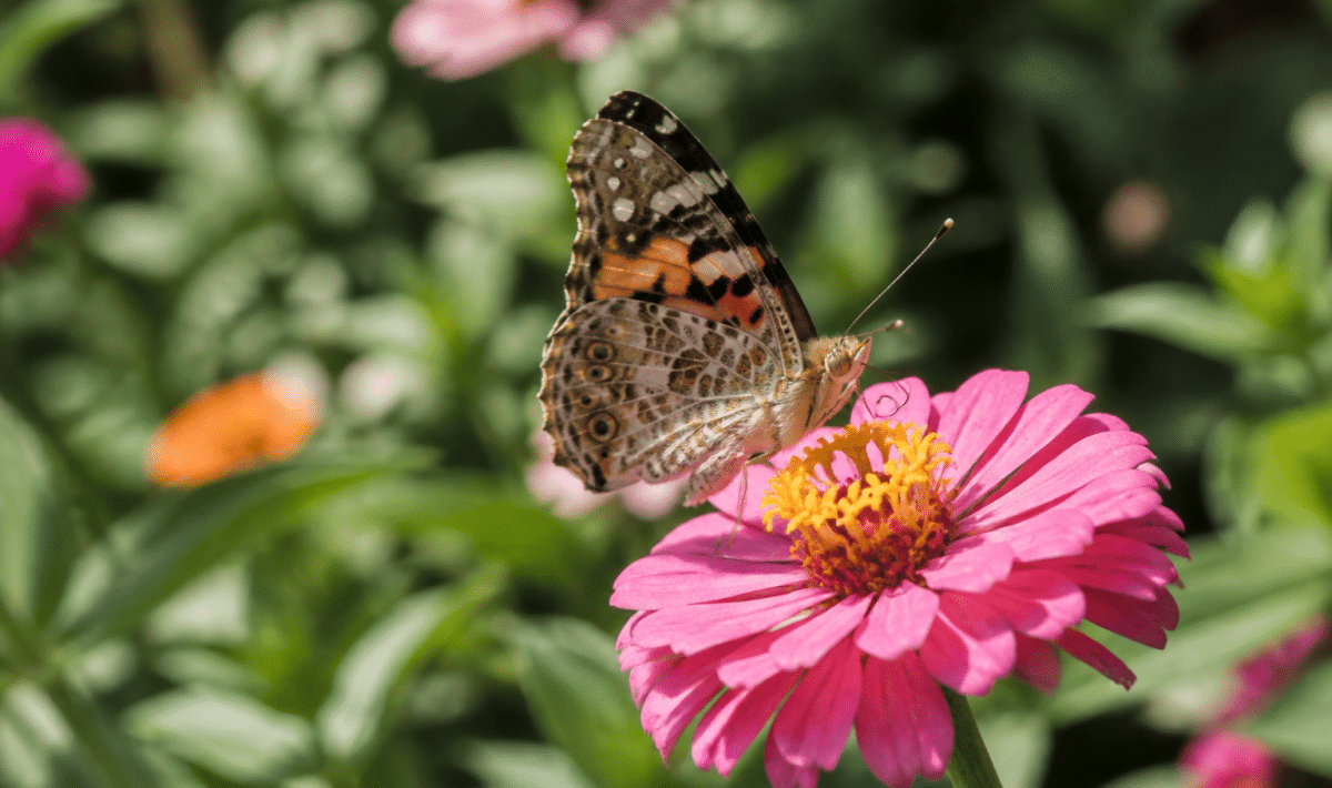 papillon posé sur fleur rose buvant nectar avec trompe deroulee