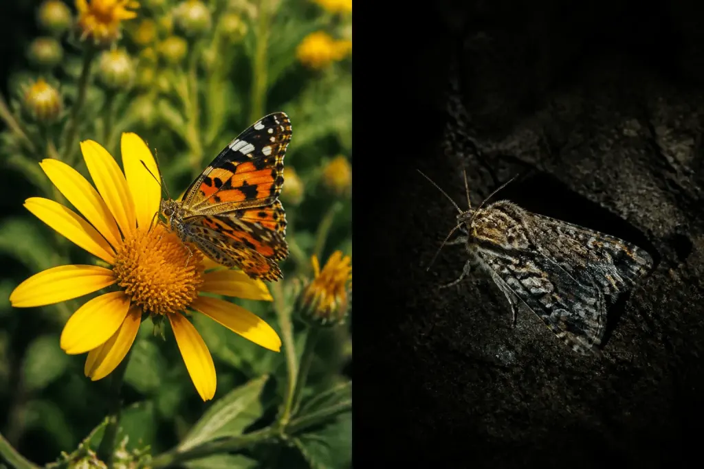 Papillon diurne sur fleur jaune, papillon nocturne dans l'obscurité