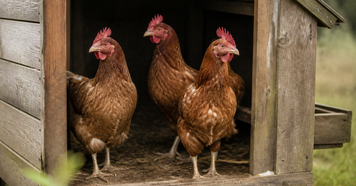 Petit poulailler en bois abritant quatre poules rousses