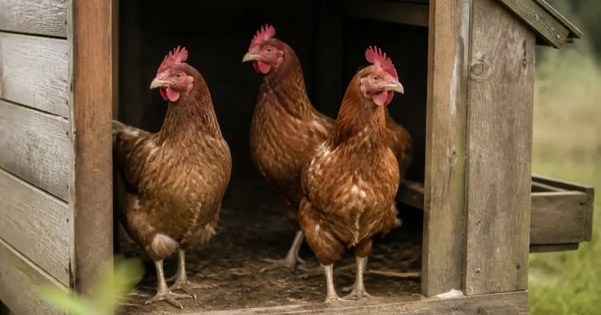 Petit poulailler en bois abritant quatre poules rousses