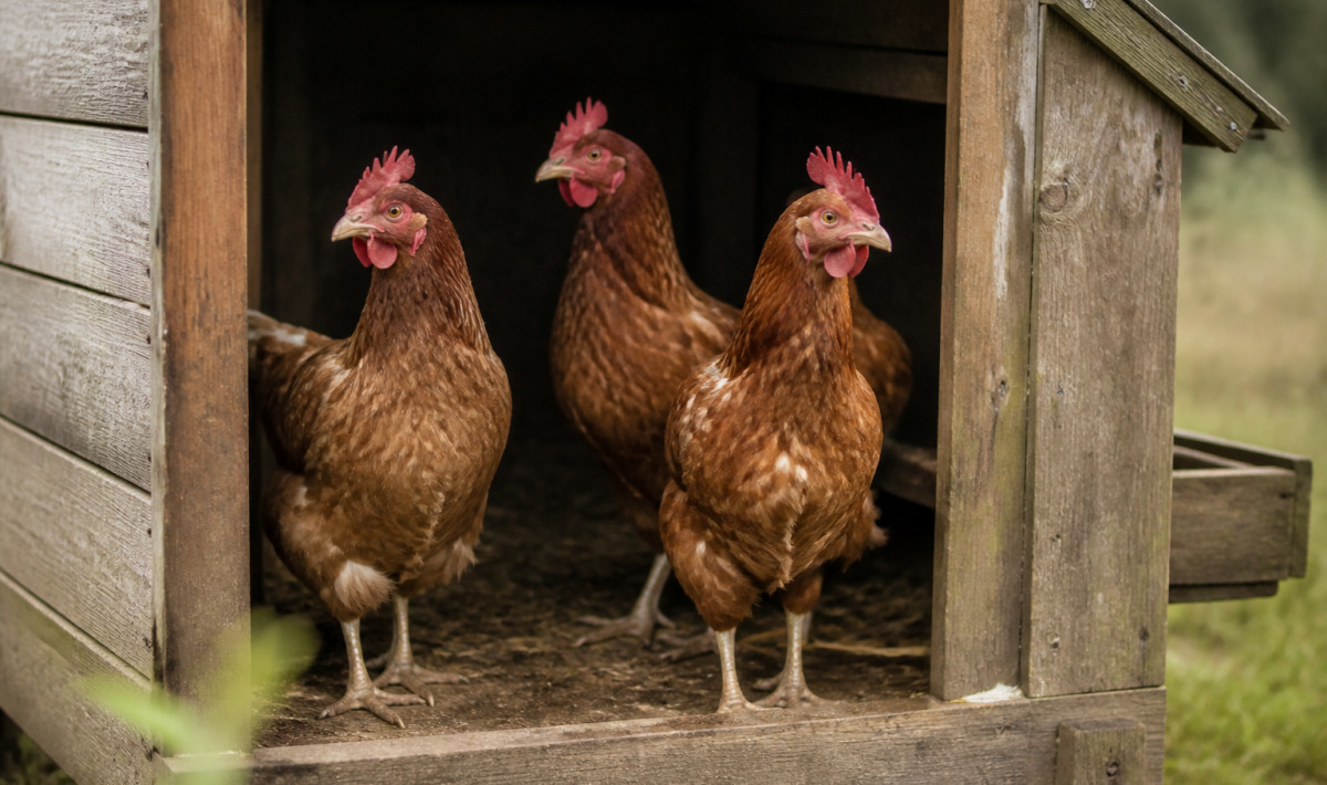 Petit poulailler en bois abritant quatre poules rousses