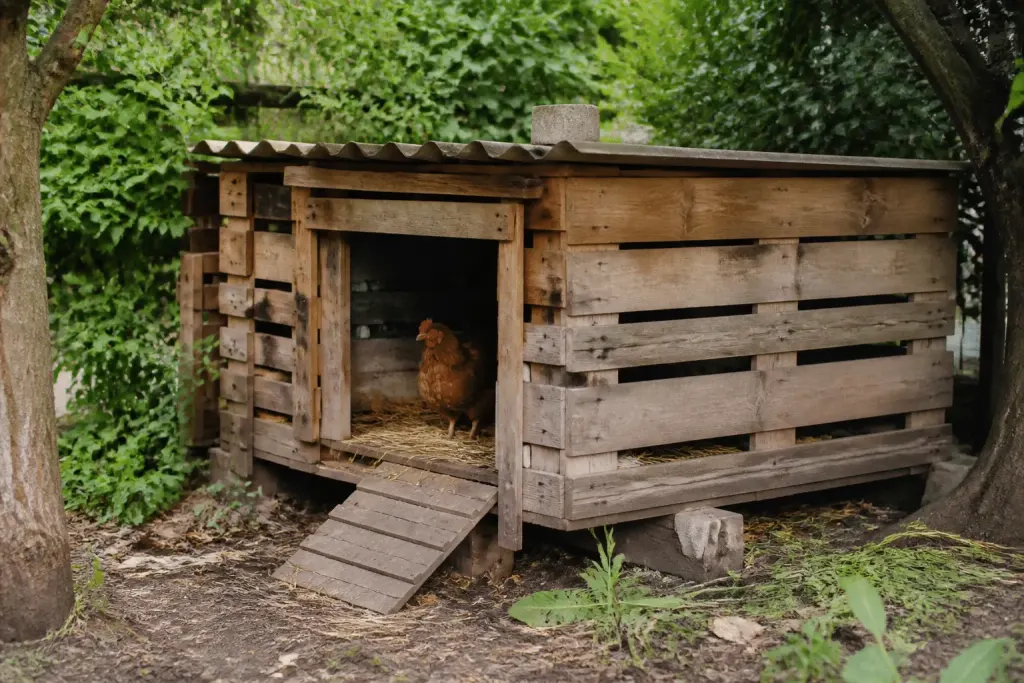 Palettes en bois empilees formant poulailler rustique jardinage