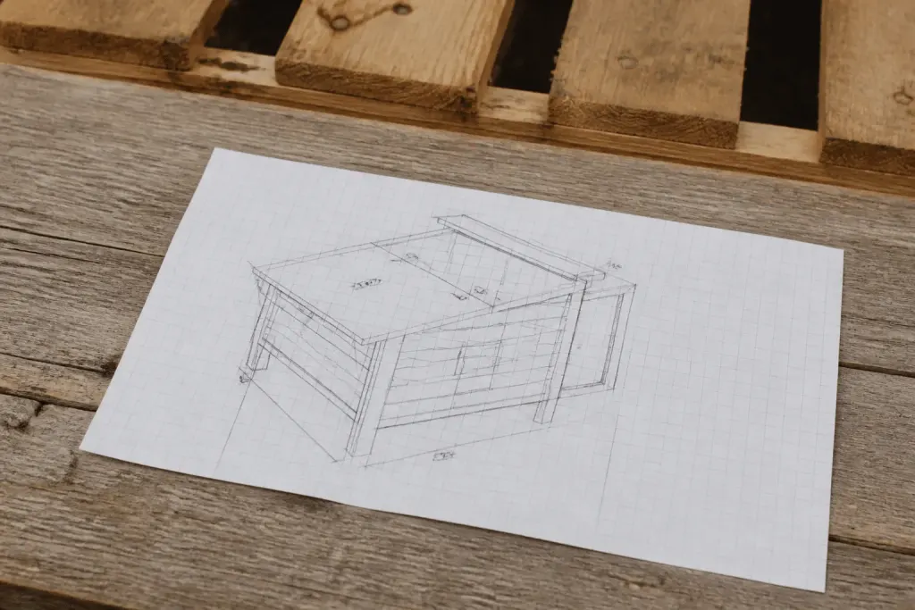 Esquisse poulailler bois palette avec dimensions mesurées